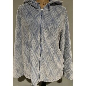Stan Herman Fleece Hoodie Women XL Blue Excellent Full Zip Plush Embossed Jacket